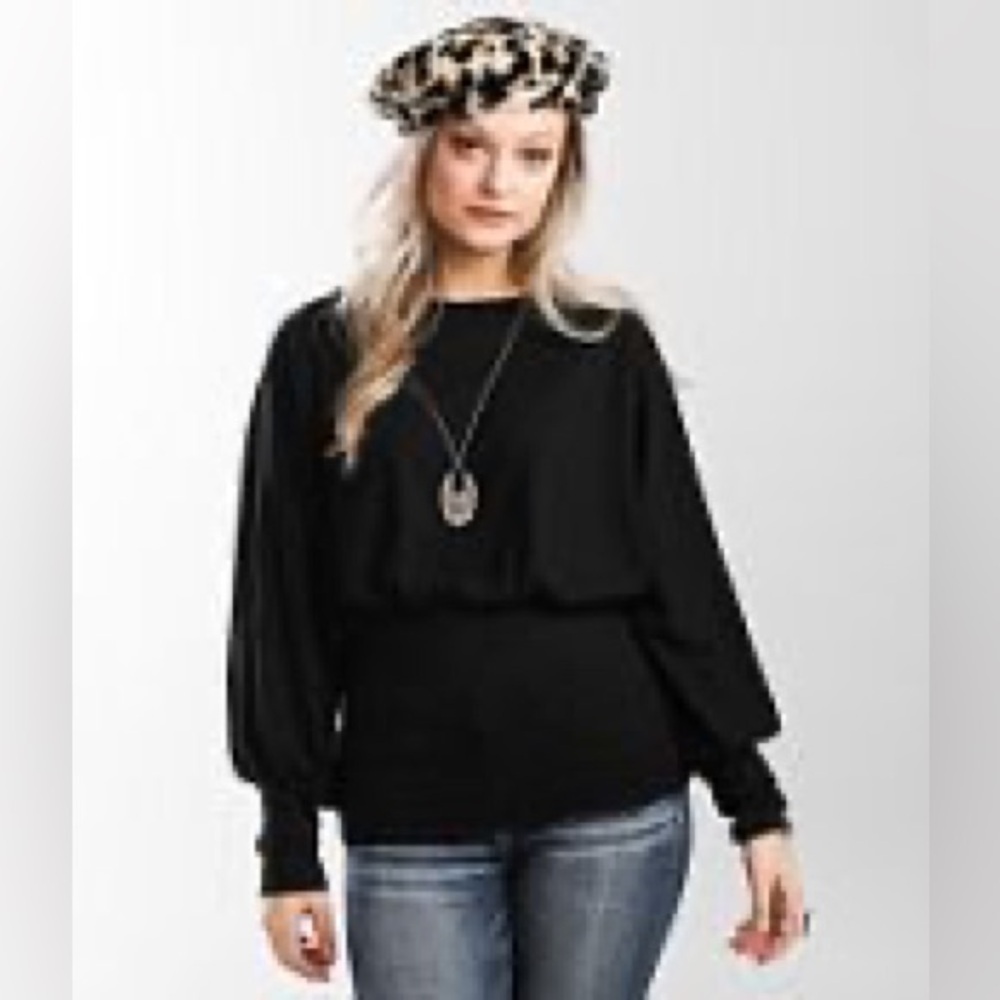 🌺BKE Red Semi-sheer rushed dolman top Elasticized Waistband Banded Hem Top